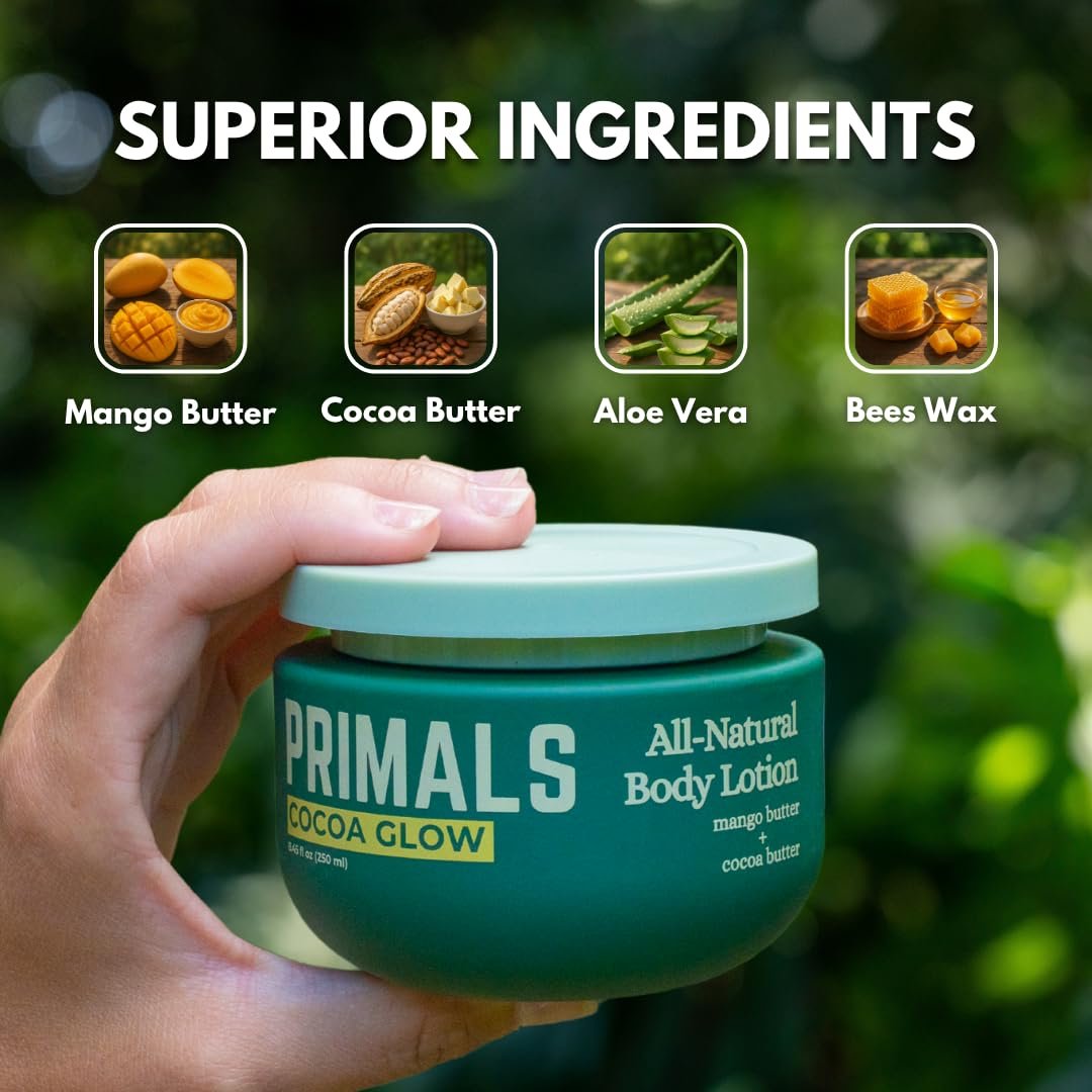 PRIMALS All Natural Body Lotion - Cocoa Butter & Mango Butter - 100% Naturally Derived Ingredients - Alcohol Free, Artificial Fragrance Free, Paraben Free, Petroleum Derivative Free - 8.45 oz Avelisse