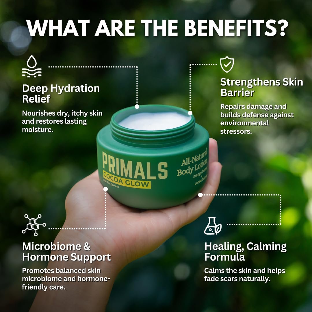 PRIMALS All Natural Body Lotion - Cocoa Butter & Mango Butter - 100% Naturally Derived Ingredients - Alcohol Free, Artificial Fragrance Free, Paraben Free, Petroleum Derivative Free - 8.45 oz Avelisse