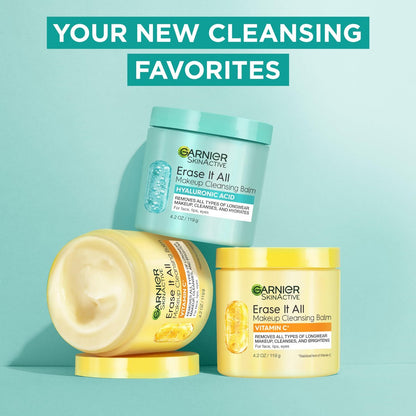Garnier Erase It All Makeup Cleansing Balm with Hyaluronic Acid, Replumping Facial Cleanser and Makeup Remover, 4.2 Oz