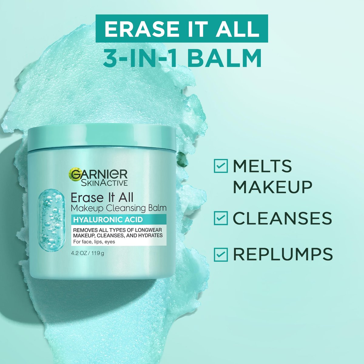 Garnier Erase It All Makeup Cleansing Balm with Hyaluronic Acid, Replumping Facial Cleanser and Makeup Remover, 4.2 Oz - görsel 3