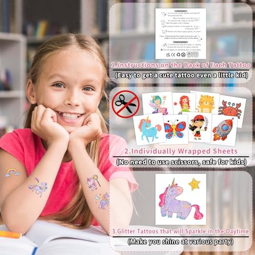 Partywind 408 Glitter Styles Kids Temporary Tattoos – Individually Wrapped Tattoo Stickers for Party Goodie Bag Stuffers, Birthday Party Supplies & Favors for Children Games - görsel 4
