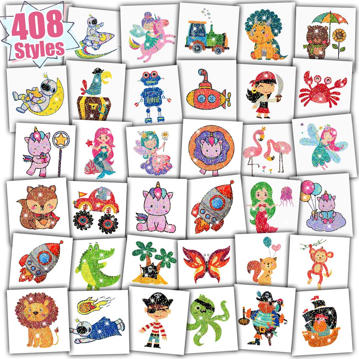Partywind 408 Glitter Styles Kids Temporary Tattoos – Individually Wrapped Tattoo Stickers for Party Goodie Bag Stuffers, Birthday Party Supplies & Favors for Children Games - görsel 1