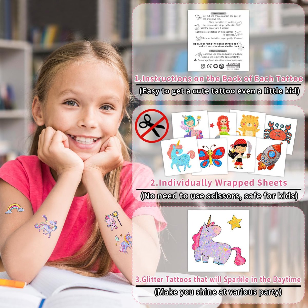 Partywind 408 Glitter Styles Kids Temporary Tattoos – Individually Wrapped Tattoo Stickers for Party Goodie Bag Stuffers, Birthday Party Supplies & Favors for Children Games - görsel 3