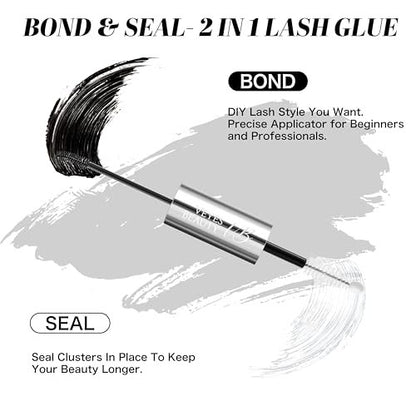 VEYESBEAUTY Lash Bond and Seal Waterproof 2 in 1 Cluster Lash Glue for Eyelash Extensions - Long Lasting Strong Hold Individual Eyelash Glue for DIY Lash Extensions at Home (7ml+7ml)