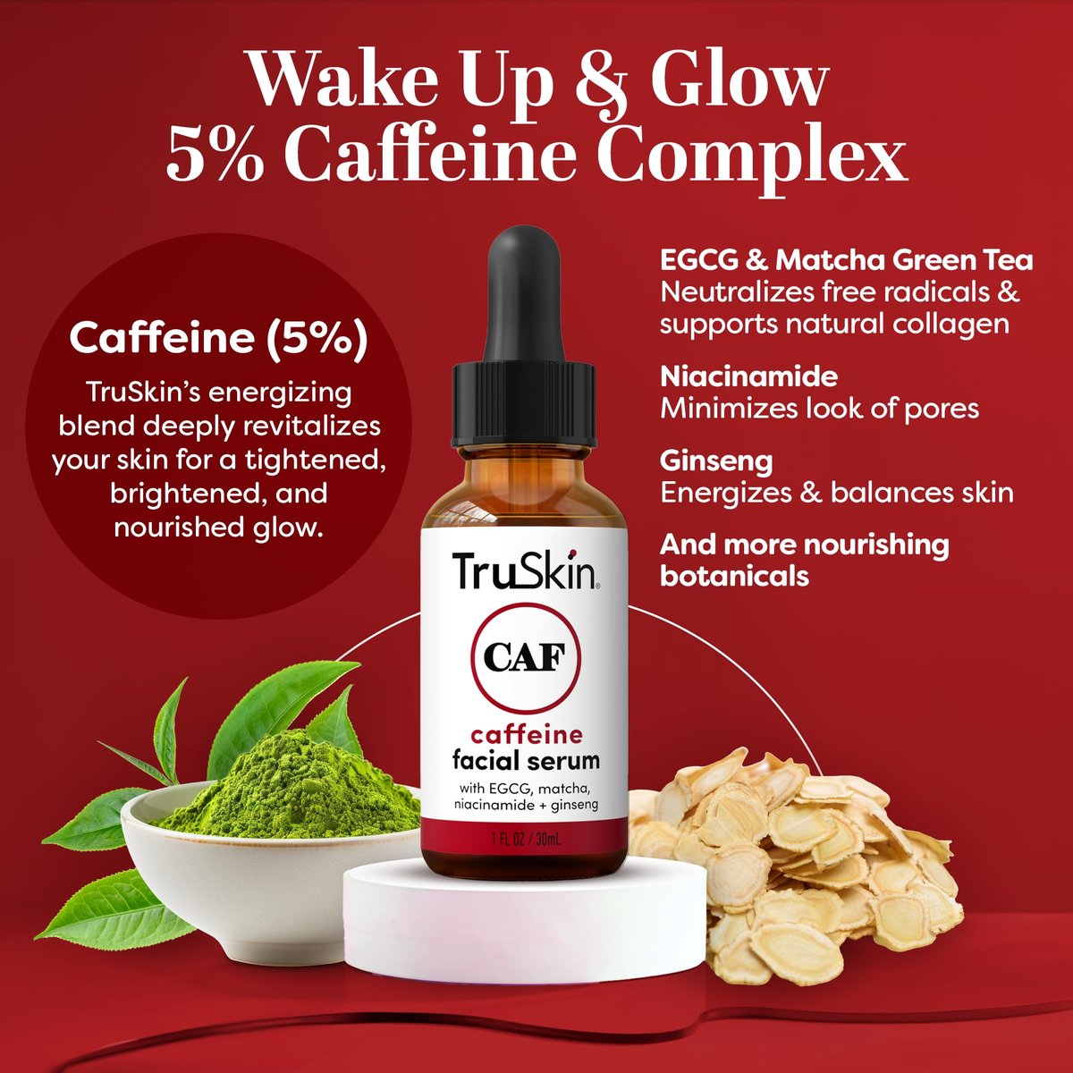 TruSkin Caffeine Face & Eye Serum - Energizing 5% Caffeine Serum with EGCG Niacinamide Matcha and Ginseng - Improve Look of Under Eye Dark Circles and Puffiness, 1 fl oz Avelisse