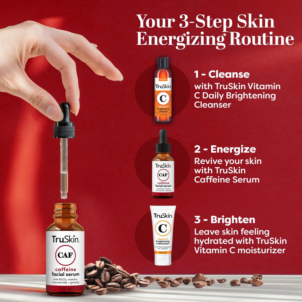 TruSkin Caffeine Face & Eye Serum - Energizing 5% Caffeine Serum with EGCG Niacinamide Matcha and Ginseng - Improve Look of Under Eye Dark Circles and Puffiness, 1 fl oz Avelisse