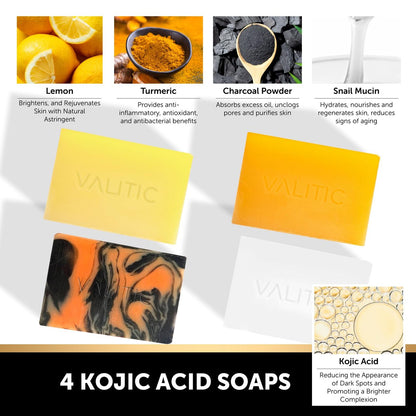 VALITIC Kojic Acid Soap Bars - Turmeric, Snail Mucin, Charcoal & Lemon - 4 Assorted Dark Spot Remover Soaps with Hyaluronic Acid, Vitamin C, Vitamin E & Shea Butter