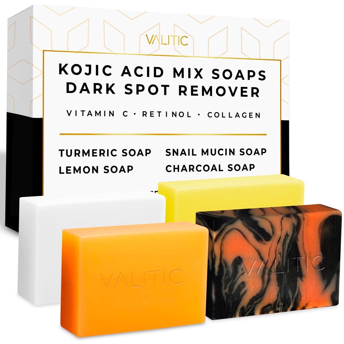 VALITIC Kojic Acid Soap Bars - Turmeric, Snail Mucin, Charcoal & Lemon - 4 Assorted Dark Spot Remover Soaps with Hyaluronic Acid, Vitamin C, Vitamin E & Shea Butter - görsel 1