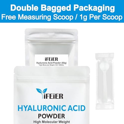 iFEiER 100% Pure Hyaluronic Acid Powder | High Molecular Weight Sodium Hyaluronate | 60g (2.12 oz) Cosmetics Grade for DIY Serums Avelisse