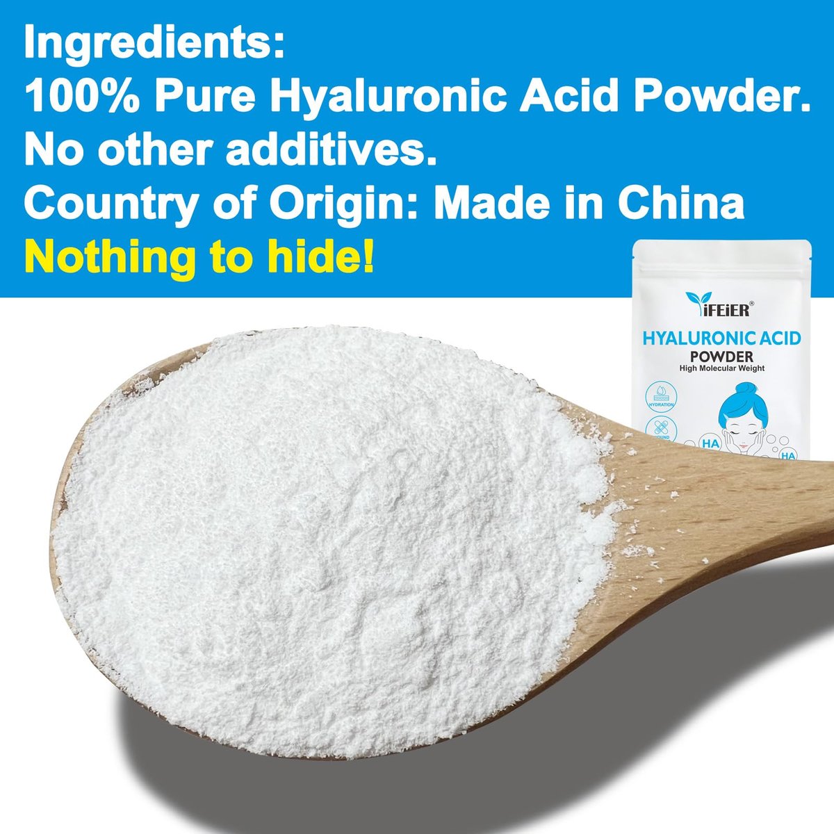iFEiER 100% Pure Hyaluronic Acid Powder | High Molecular Weight Sodium Hyaluronate | 60g (2.12 oz) Cosmetics Grade for DIY Serums Avelisse