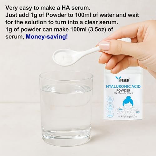 iFEiER 100% Pure Hyaluronic Acid Powder | High Molecular Weight Sodium Hyaluronate | 60g (2.12 oz) Cosmetics Grade for DIY Serums Avelisse