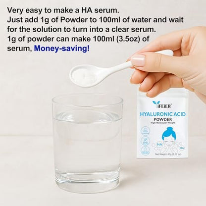 iFEiER 100% Pure Hyaluronic Acid Powder | High Molecular Weight Sodium Hyaluronate | 60g (2.12 oz) Cosmetics Grade for DIY Serums Avelisse