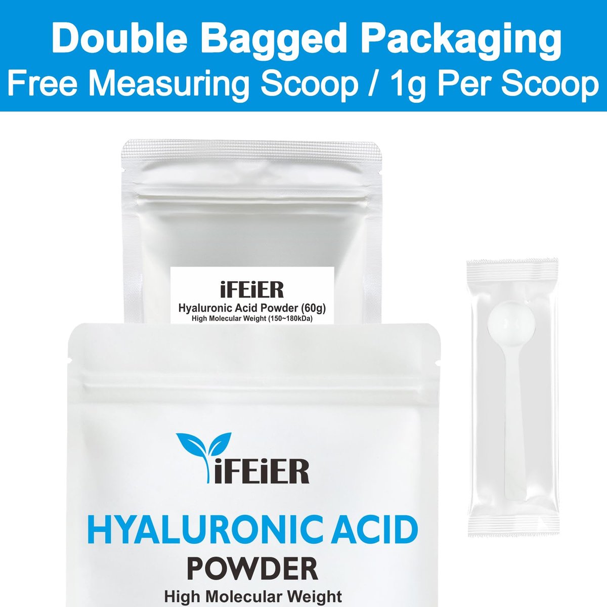 iFEiER 100% Pure Hyaluronic Acid Powder | High Molecular Weight Sodium Hyaluronate | 60g (2.12 oz) Cosmetics Grade for DIY Serums Avelisse