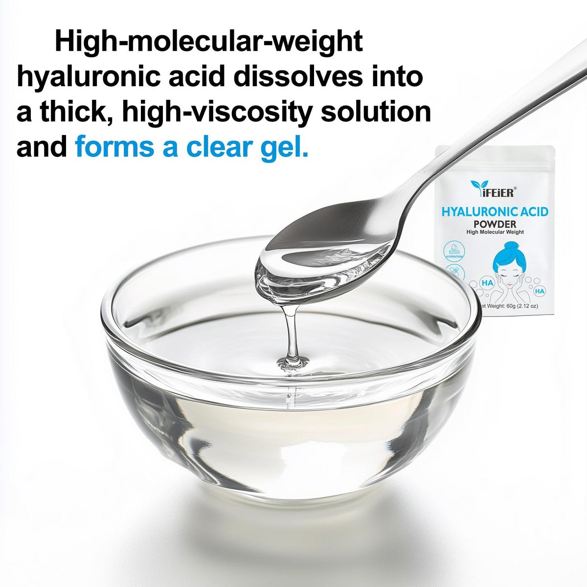 iFEiER 100% Pure Hyaluronic Acid Powder | High Molecular Weight Sodium Hyaluronate | 60g (2.12 oz) Cosmetics Grade for DIY Serums Avelisse