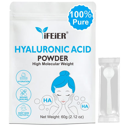 iFEiER 100% Pure Hyaluronic Acid Powder | High Molecular Weight Sodium Hyaluronate | 60g (2.12 oz) Cosmetics Grade for DIY Serums Avelisse