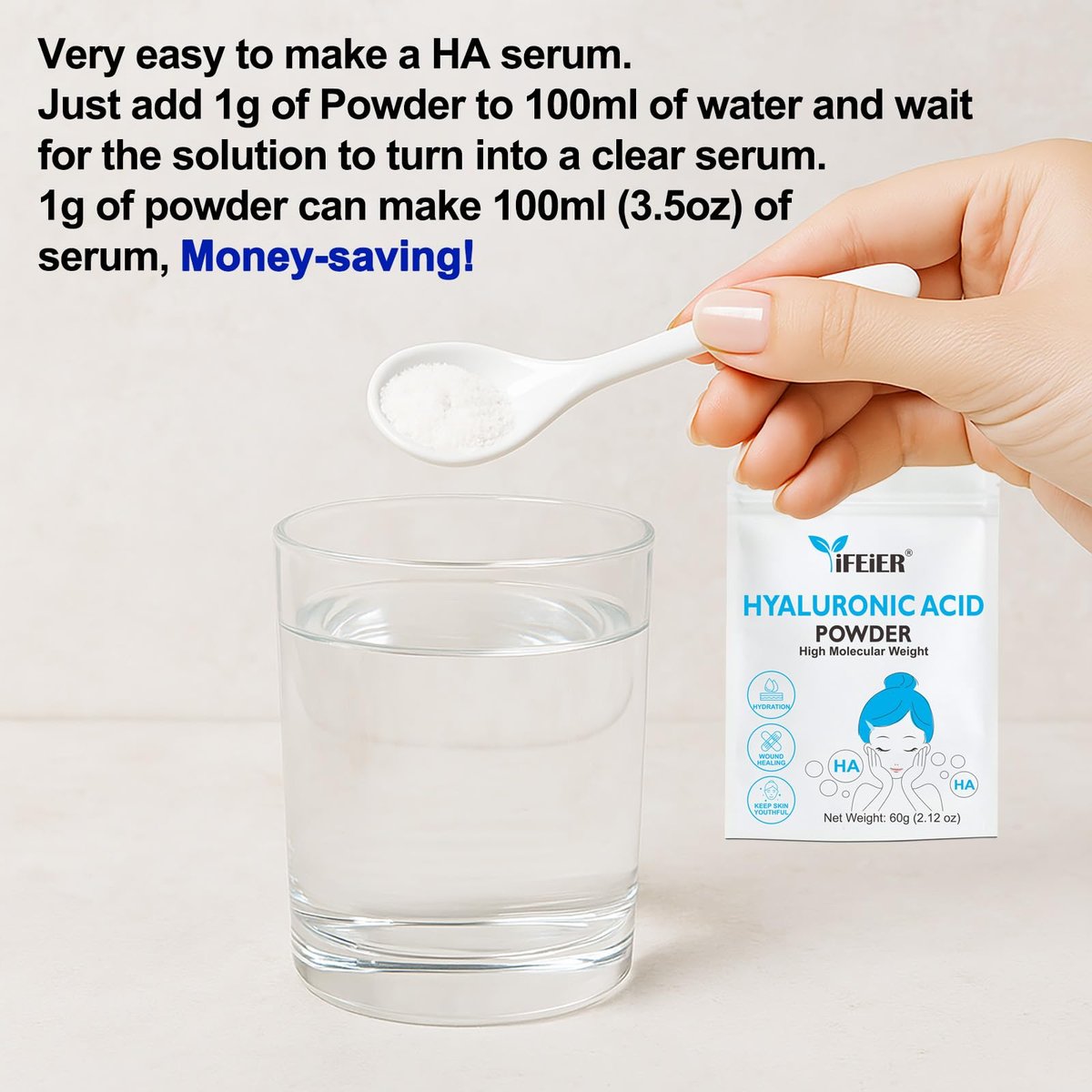 iFEiER 100% Pure Hyaluronic Acid Powder | High Molecular Weight Sodium Hyaluronate | 60g (2.12 oz) Cosmetics Grade for DIY Serums Avelisse