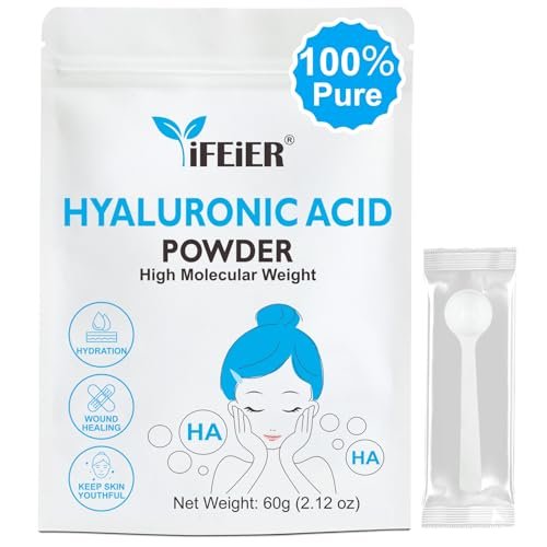 iFEiER 100% Pure Hyaluronic Acid Powder | High Molecular Weight Sodium Hyaluronate | 60g (2.12 oz) Cosmetics Grade for DIY Serums Avelisse