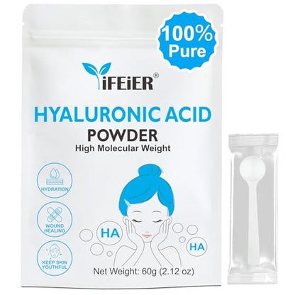 iFEiER 100% Pure Hyaluronic Acid Powder | High Molecular Weight Sodium Hyaluronate | 60g (2.12 oz) Cosmetics Grade for DIY Serums Avelisse