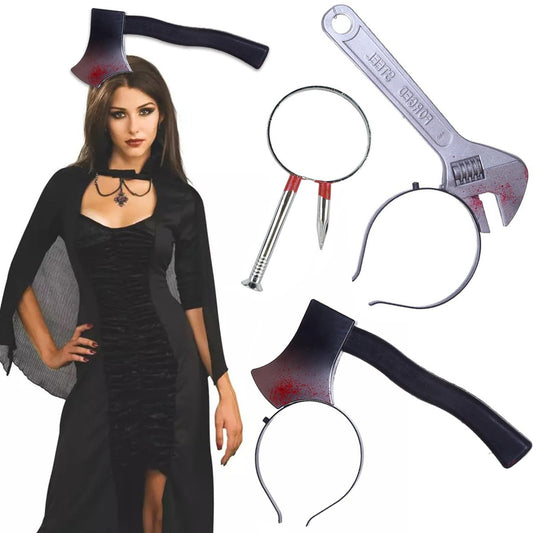 3Pcs Halloween Costume Scary Weapon Headbands: Plastic Axe, Spanner, Nail & Scissor Through Head Simulation Props - Funny Cosplay Photo Props for Women