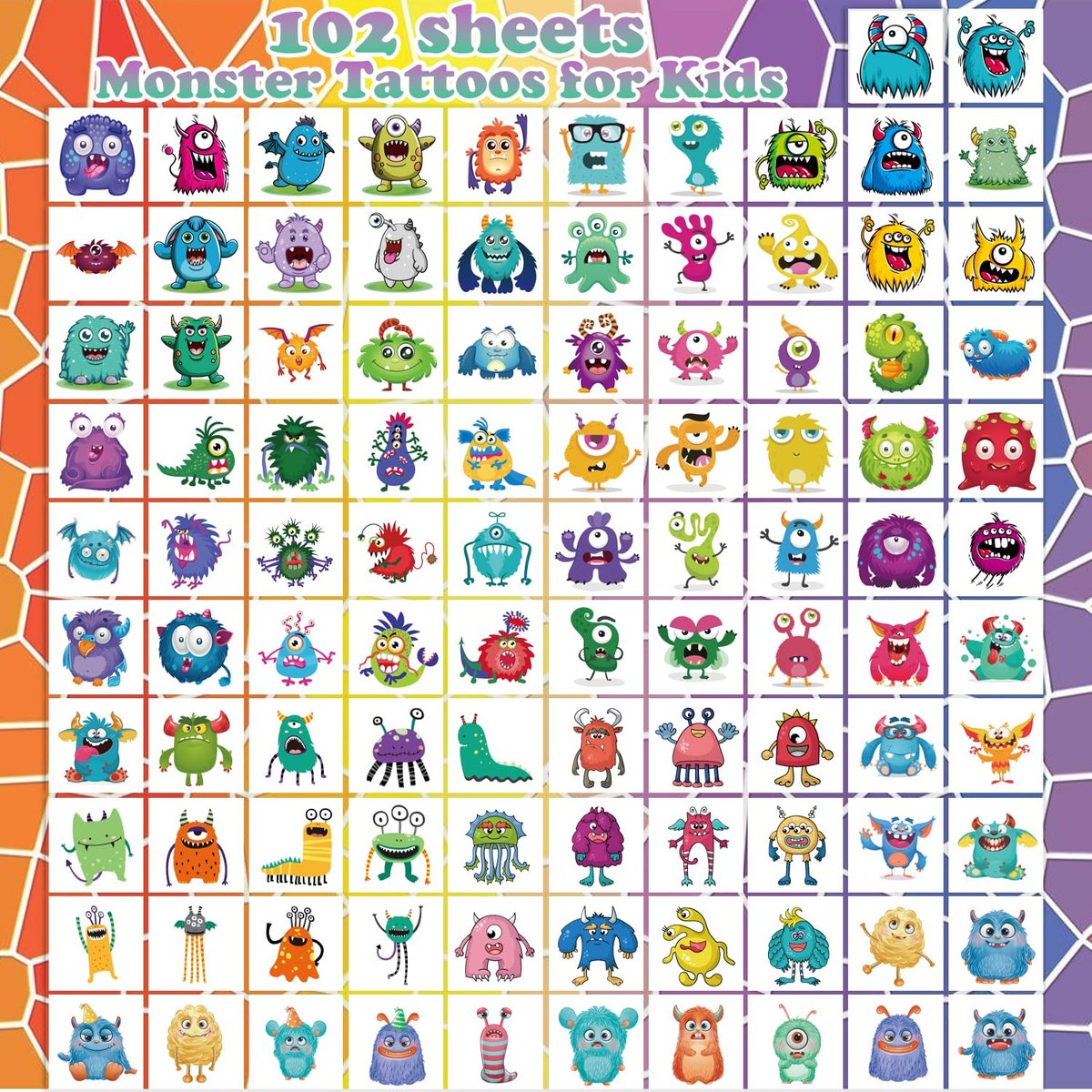 UVUXO 102 PCS Individually Wrapped Monster Temporary Tattoos for Kids - Cute Little Monster Tattoos for Girls and Boys, Body Arm Shoulder Fun Tattoo Stickers, Birthday Party Supplies Gifts - görsel 4