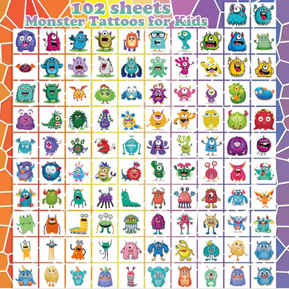 UVUXO 102 PCS Individually Wrapped Monster Temporary Tattoos for Kids - Cute Little Monster Tattoos for Girls and Boys, Body Arm Shoulder Fun Tattoo Stickers, Birthday Party Supplies Gifts
