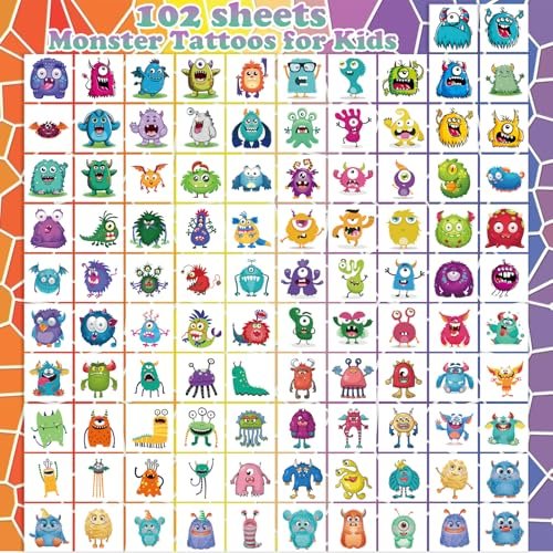 UVUXO 102 PCS Individually Wrapped Monster Temporary Tattoos for Kids - Cute Little Monster Tattoos for Girls and Boys, Body Arm Shoulder Fun Tattoo Stickers, Birthday Party Supplies Gifts - görsel 3