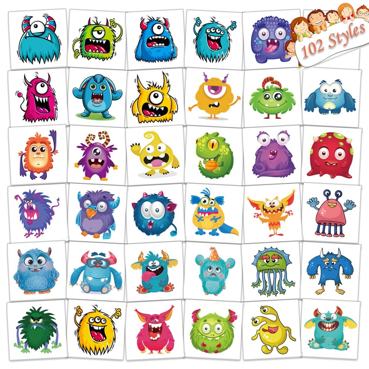 UVUXO 102 PCS Individually Wrapped Monster Temporary Tattoos for Kids - Cute Little Monster Tattoos for Girls and Boys, Body Arm Shoulder Fun Tattoo Stickers, Birthday Party Supplies Gifts - görsel 2