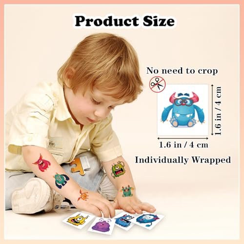 UVUXO 102 PCS Individually Wrapped Monster Temporary Tattoos for Kids - Cute Little Monster Tattoos for Girls and Boys, Body Arm Shoulder Fun Tattoo Stickers, Birthday Party Supplies Gifts - görsel 5