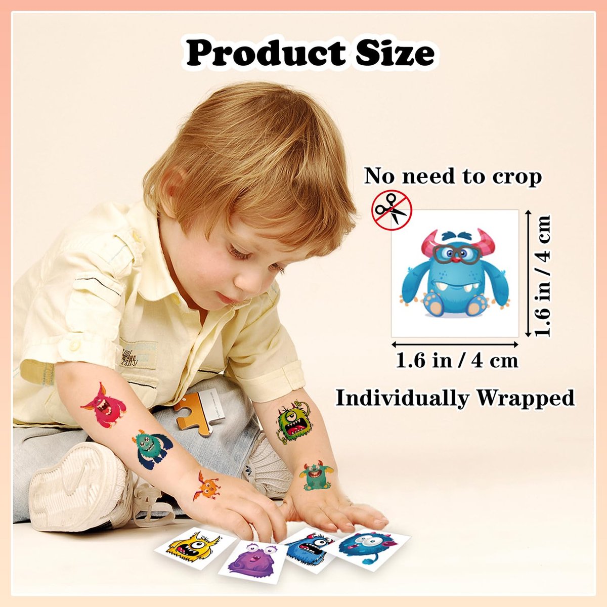 UVUXO 102 PCS Individually Wrapped Monster Temporary Tattoos for Kids - Cute Little Monster Tattoos for Girls and Boys, Body Arm Shoulder Fun Tattoo Stickers, Birthday Party Supplies Gifts - görsel 6