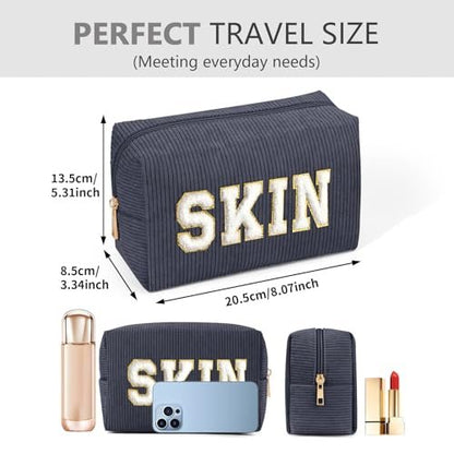 MAGEFY Small Corduroy Makeup Bag for Purse - Portable Cosmetic Pouch with Compartments for Women Travel (Dark Gray + SKIN)