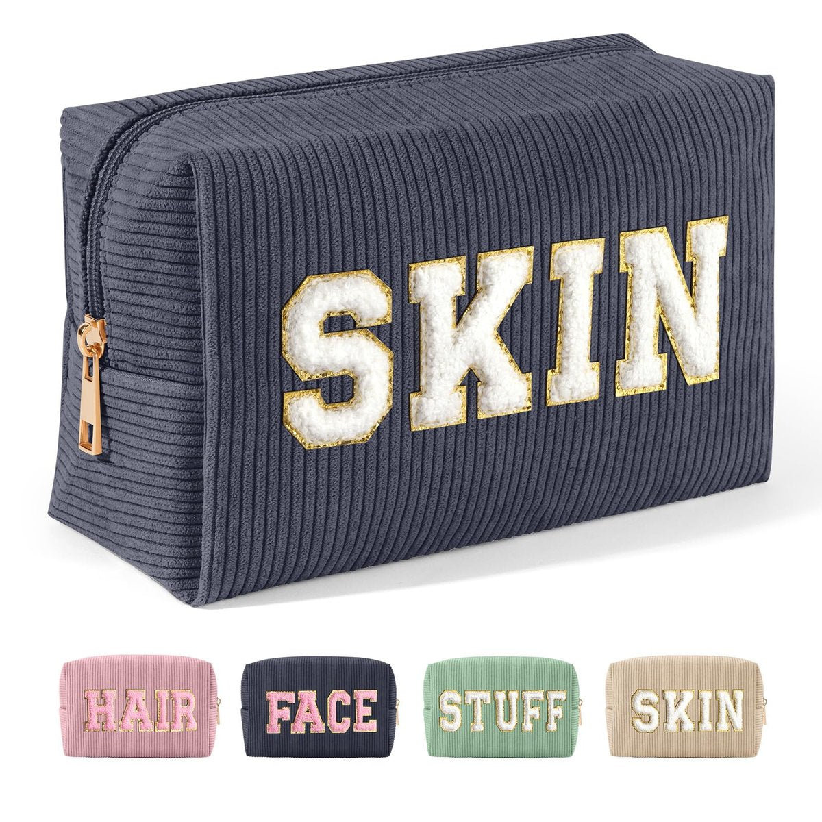 MAGEFY Small Corduroy Makeup Bag for Purse - Portable Cosmetic Pouch with Compartments for Women Travel (Dark Gray + SKIN) - görsel 1