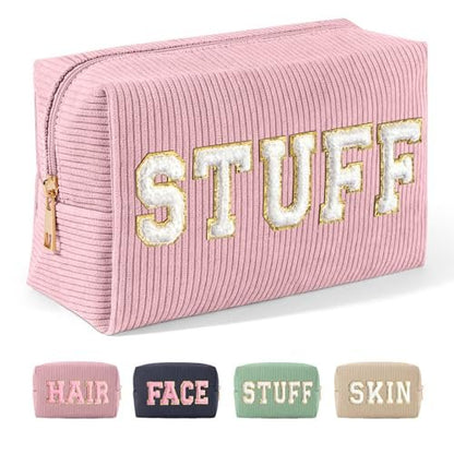 MAGEFY Corduroy Small Makeup Bag for Purse with Compartments – Cute Cosmetic Pouch for Women, Preppy Gift (Pink, STUFF)