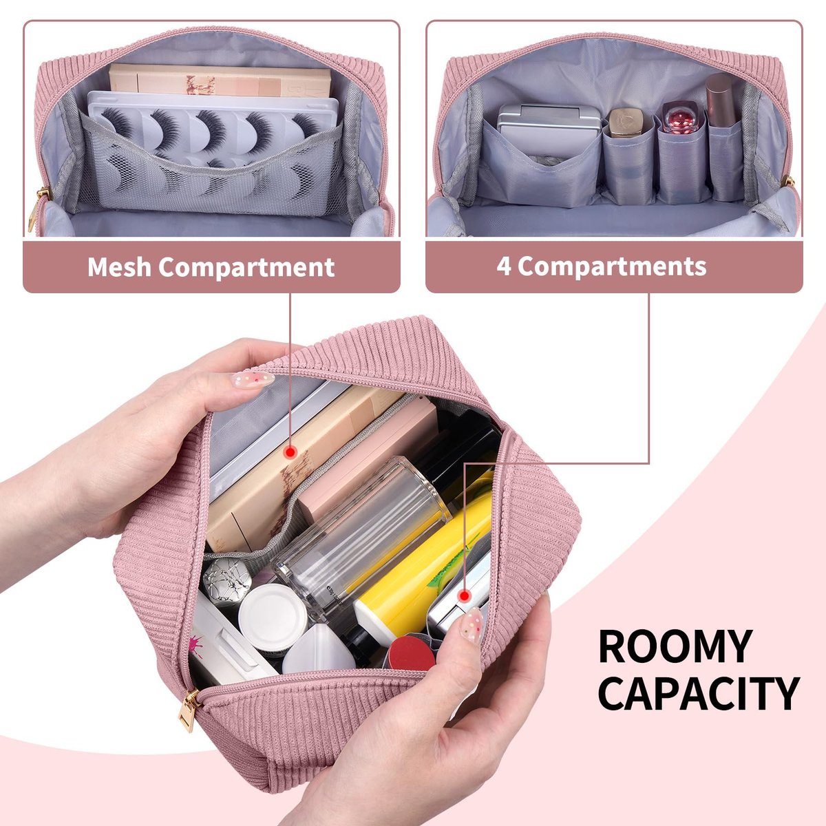 MAGEFY Corduroy Small Makeup Bag for Purse with Compartments – Cute Cosmetic Pouch for Women, Preppy Gift (Pink, STUFF) - görsel 5