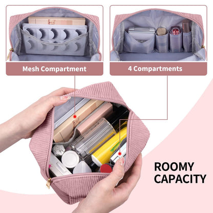 MAGEFY Corduroy Small Makeup Bag for Purse with Compartments – Cute Cosmetic Pouch for Women, Preppy Gift (Pink, STUFF)