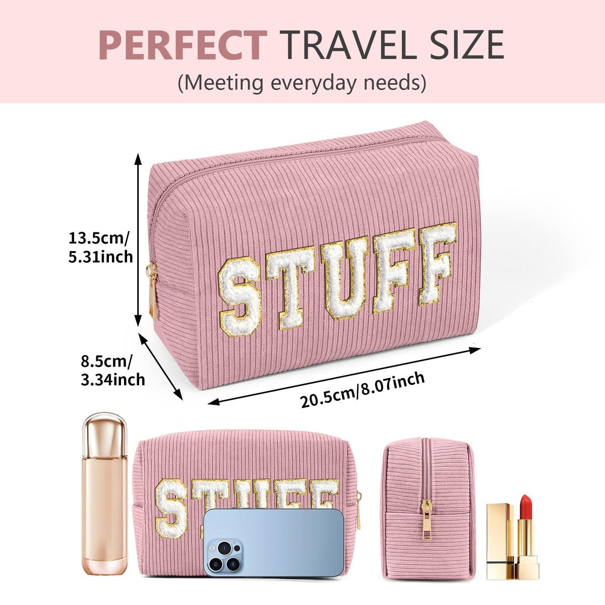 MAGEFY Corduroy Small Makeup Bag for Purse with Compartments – Cute Cosmetic Pouch for Women, Preppy Gift (Pink, STUFF) - görsel 3