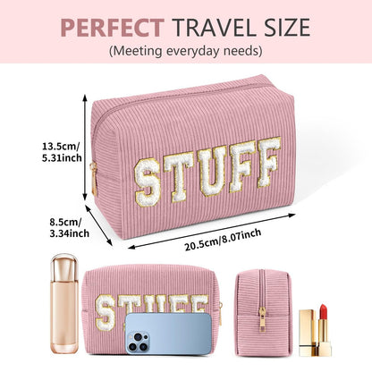 MAGEFY Corduroy Small Makeup Bag for Purse with Compartments – Cute Cosmetic Pouch for Women, Preppy Gift (Pink, STUFF)