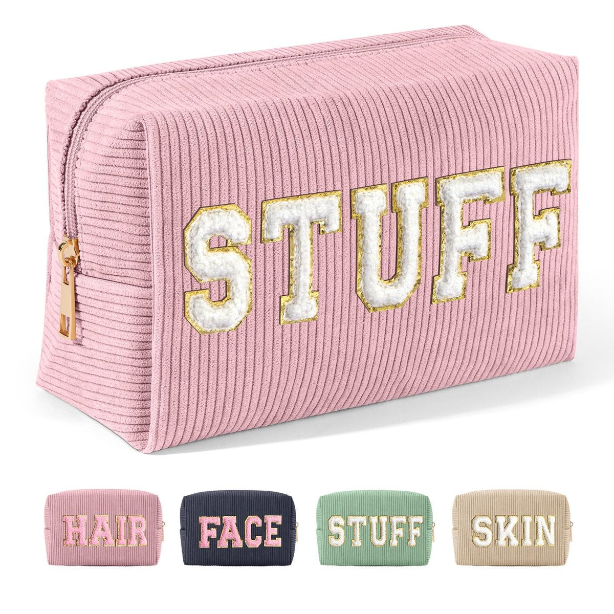 MAGEFY Corduroy Small Makeup Bag for Purse with Compartments – Cute Cosmetic Pouch for Women, Preppy Gift (Pink, STUFF) - görsel 1