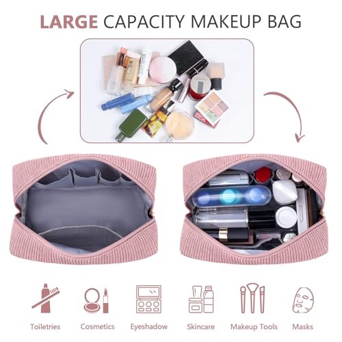 MAGEFY Corduroy Small Makeup Bag for Purse with Compartments – Cute Cosmetic Pouch for Women, Preppy Gift (Pink, STUFF) - görsel 8
