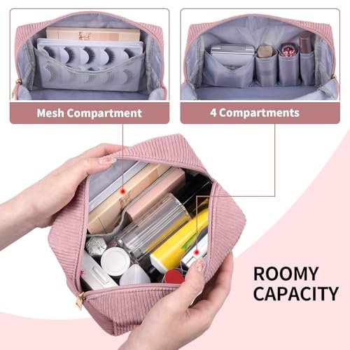MAGEFY Corduroy Small Makeup Bag for Purse with Compartments – Cute Cosmetic Pouch for Women, Preppy Gift (Pink, STUFF) - görsel 6