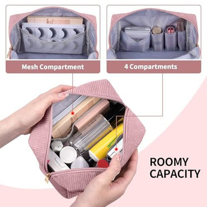 MAGEFY Corduroy Small Makeup Bag for Purse with Compartments – Cute Cosmetic Pouch for Women, Preppy Gift (Pink, STUFF)