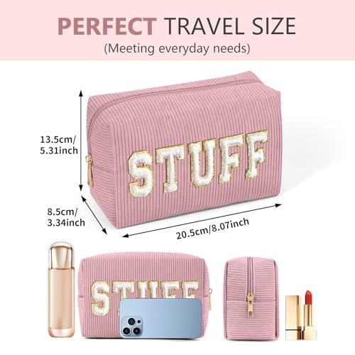 MAGEFY Corduroy Small Makeup Bag for Purse with Compartments – Cute Cosmetic Pouch for Women, Preppy Gift (Pink, STUFF) - görsel 4