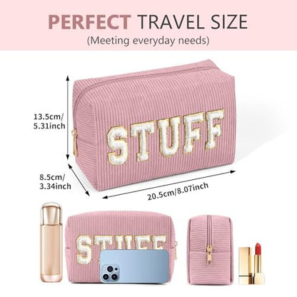 MAGEFY Corduroy Small Makeup Bag for Purse with Compartments – Cute Cosmetic Pouch for Women, Preppy Gift (Pink, STUFF)
