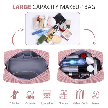 MAGEFY Corduroy Small Makeup Bag for Purse with Compartments – Cute Cosmetic Pouch for Women, Preppy Gift (Pink, STUFF)