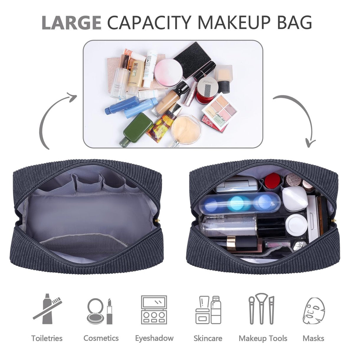 MAGEFY Small Makeup Bag for Purse - Portable Corduroy Makeup Pouch with Compartments for Women Travel Cosmetic Essential (Dark Gray, FACE) - görsel 9
