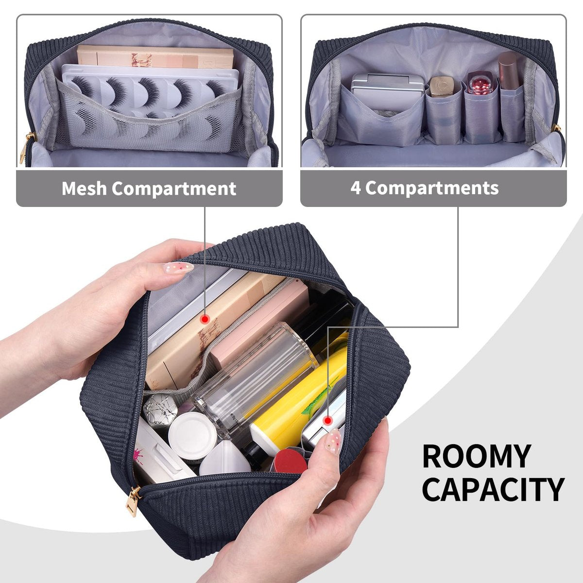 MAGEFY Small Makeup Bag for Purse - Portable Corduroy Makeup Pouch with Compartments for Women Travel Cosmetic Essential (Dark Gray, FACE) - görsel 5
