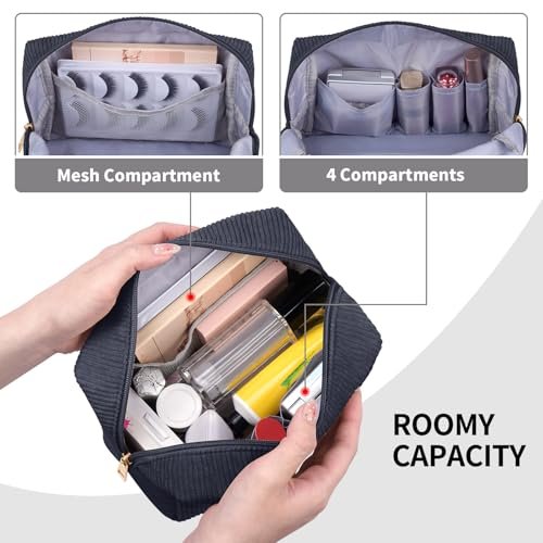 MAGEFY Small Makeup Bag for Purse - Portable Corduroy Makeup Pouch with Compartments for Women Travel Cosmetic Essential (Dark Gray, FACE) - görsel 6