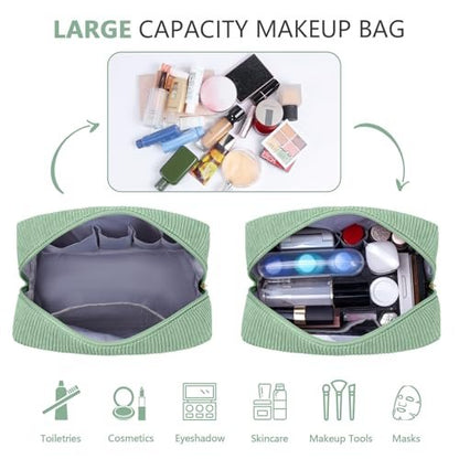 MAGEFY Small Corduroy Makeup Bag for Purse – Portable Cosmetic Pouch with Compartments for Women, Green (STUFF)