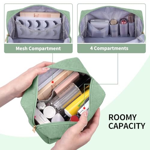 MAGEFY Small Corduroy Makeup Bag for Purse – Portable Cosmetic Pouch with Compartments for Women, Green (STUFF) - görsel 10