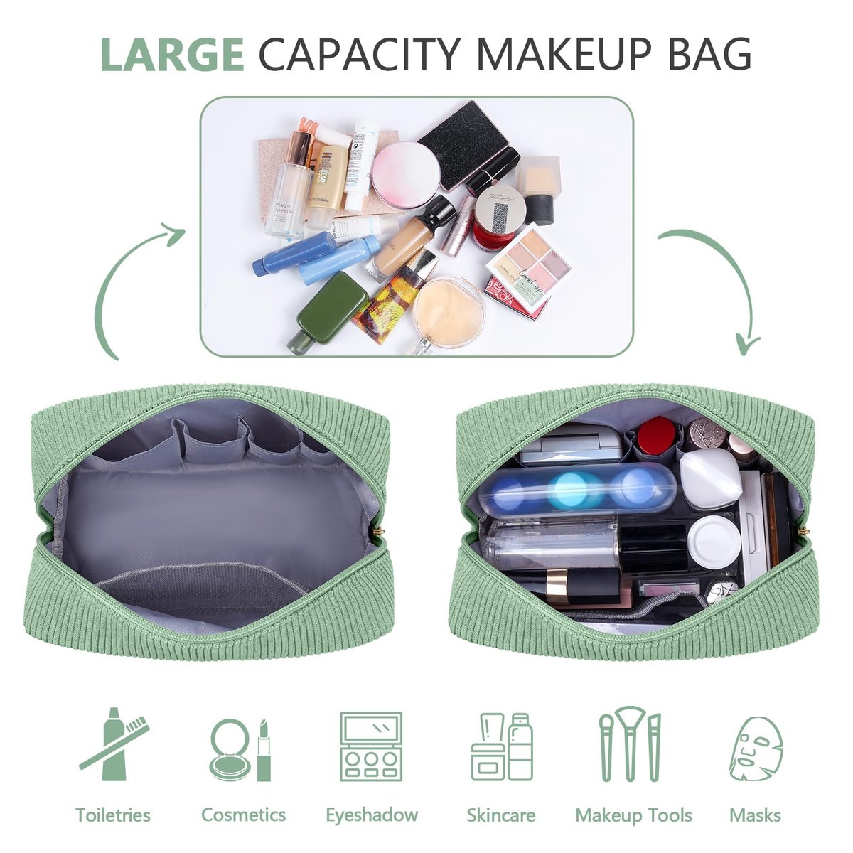 MAGEFY Small Corduroy Makeup Bag for Purse – Portable Cosmetic Pouch with Compartments for Women, Green (STUFF) - görsel 3