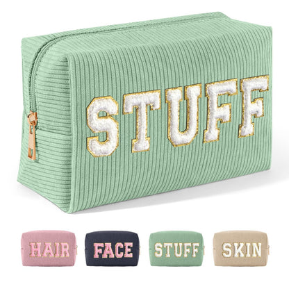 MAGEFY Small Corduroy Makeup Bag for Purse – Portable Cosmetic Pouch with Compartments for Women, Green (STUFF)